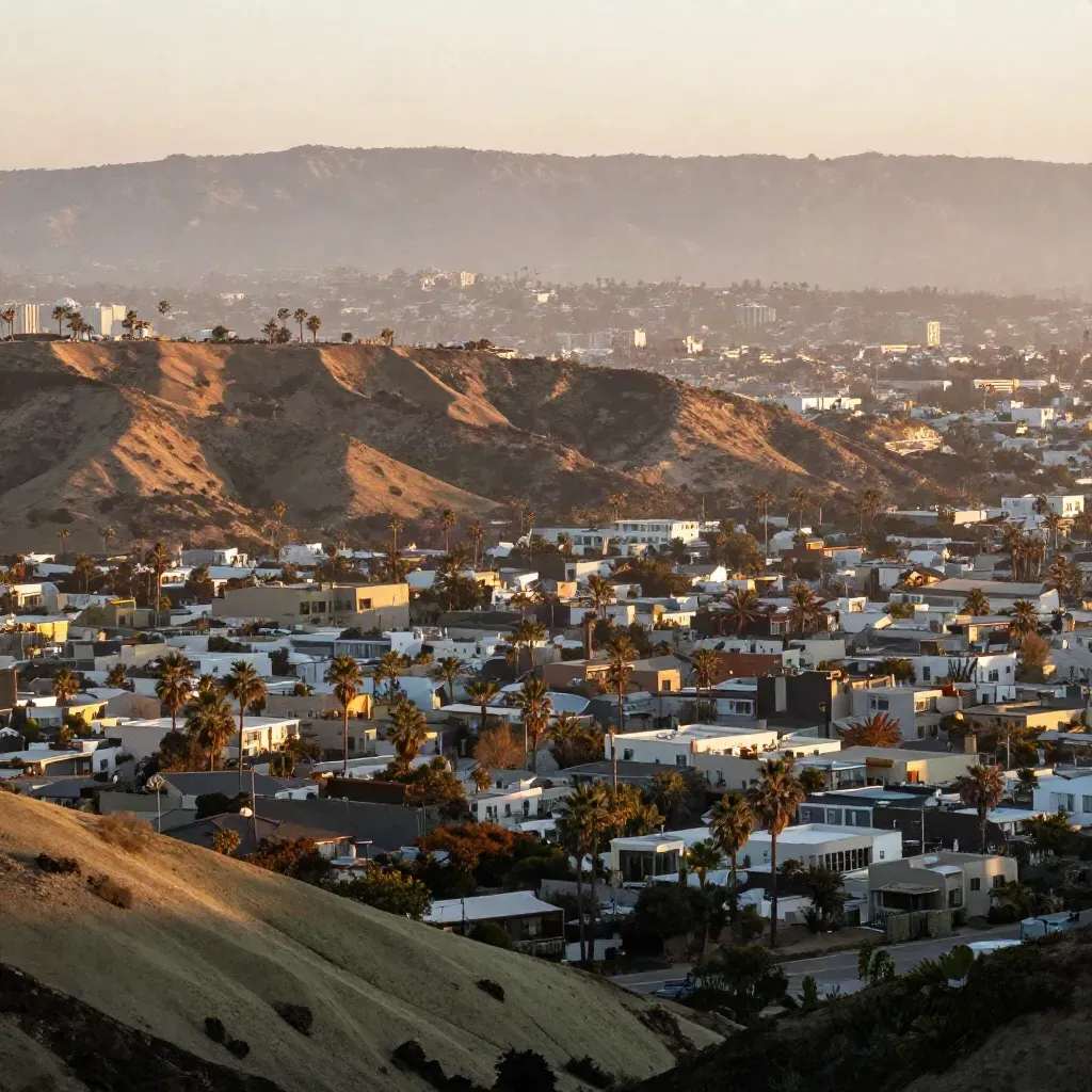 Golden Los Angeles basin with palm ridgelines, hazy hills, and open city space for copy.