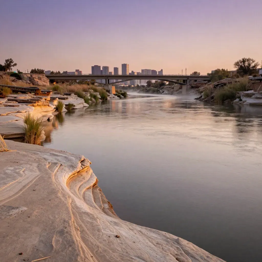 Colorado River curves past limestone banks with bridge and skyline high in warm haze.