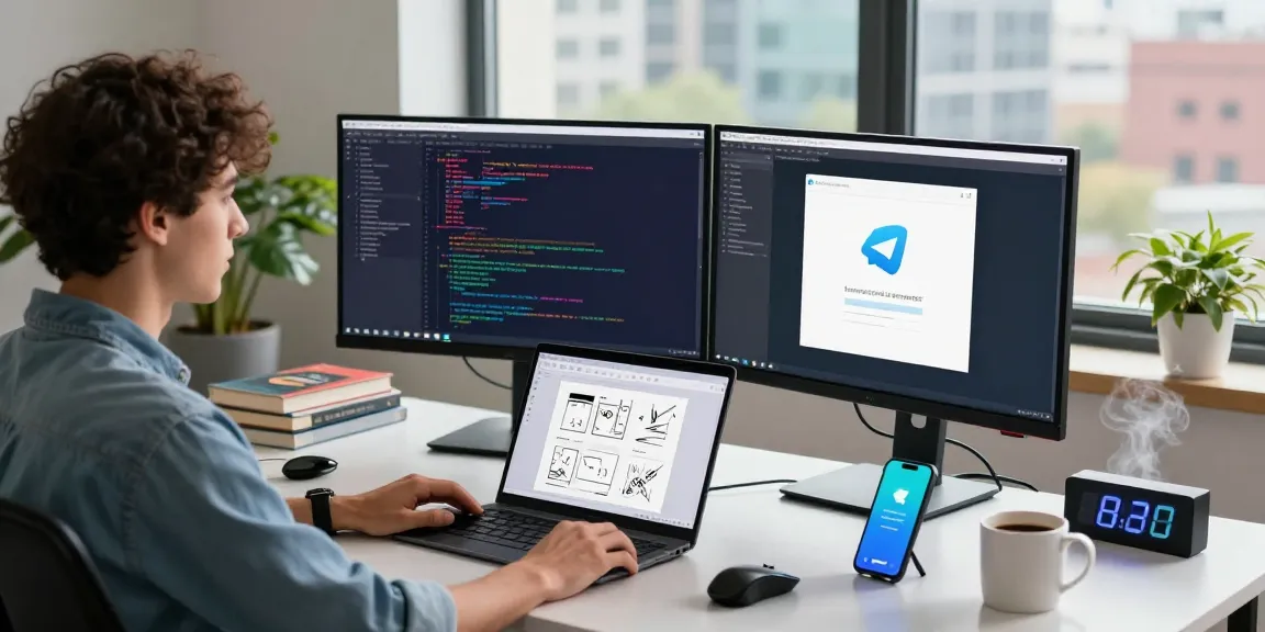 Engaging tech workspace showcasing a developer coding telegram官网 applications with dual monitors and modern gear.