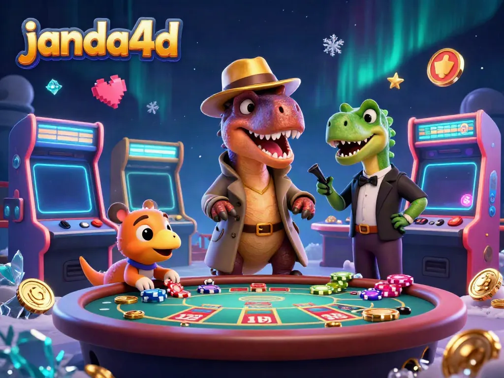 Permainan slot di janda4d dengan karakter bermain, chip, dan elemen kasino yang kaya.