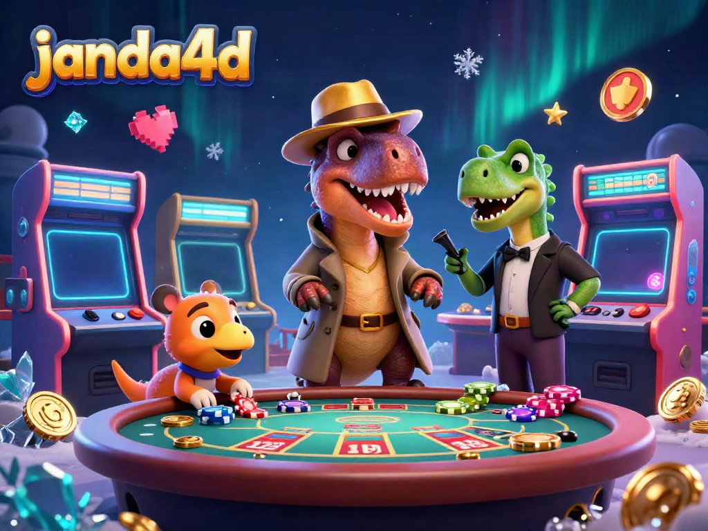Permainan slot di janda4d dengan karakter bermain, chip, dan elemen kasino yang kaya.