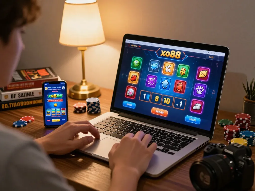 Engaging with xo88 online gaming on a stylish desk setup featuring laptop and smartphone.