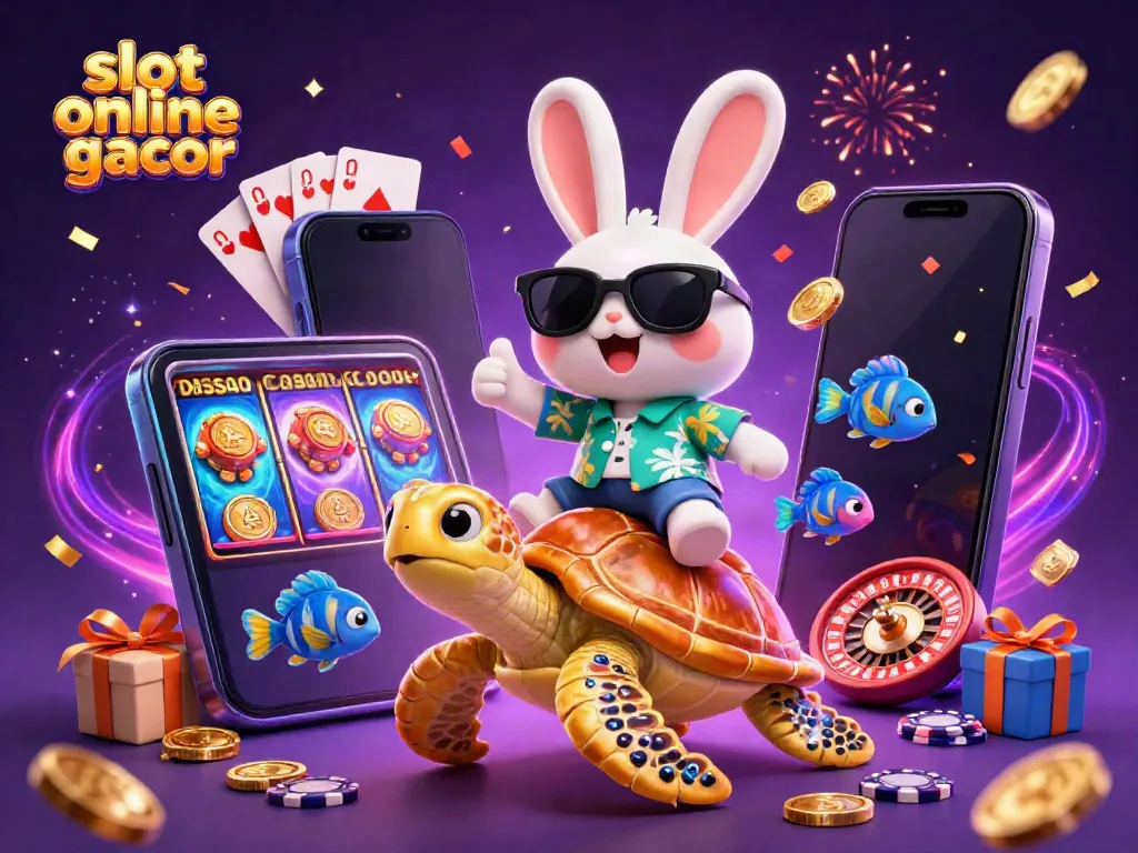 Experience slot online gacor with a lucky rabbit on a golden turtle and vibrant casino elements.