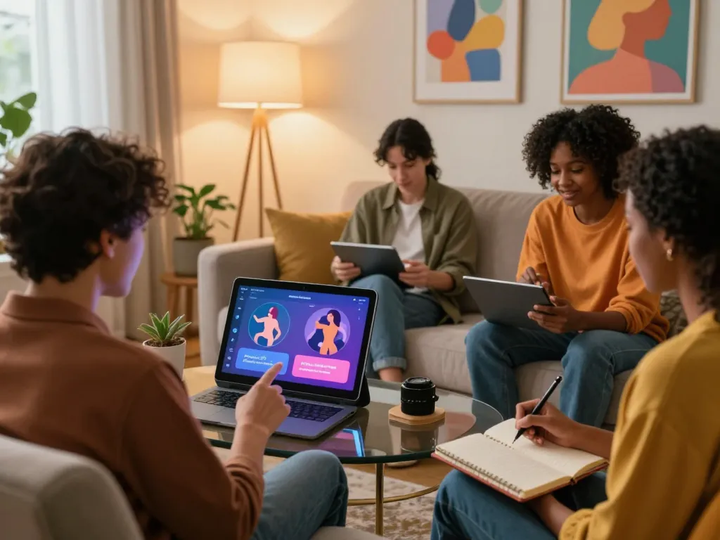 Group learning about ai sex technology in a cozy living room, showcasing modern interactions.