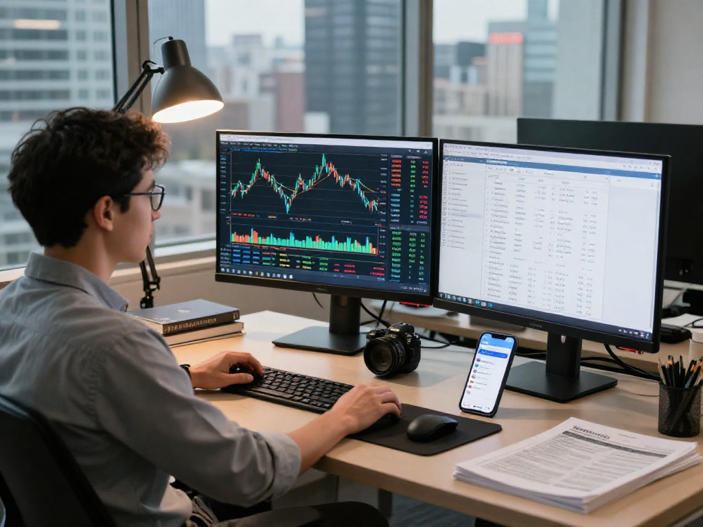 TradingView analysis workspace featuring dual screens with charts and financial updates.