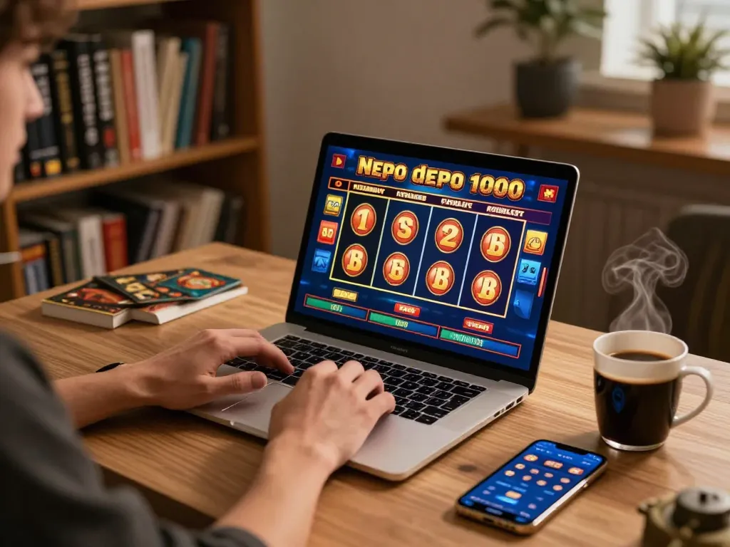 Engaging in slot depo 1000 games on a laptop, showcasing a player in a cozy home environment