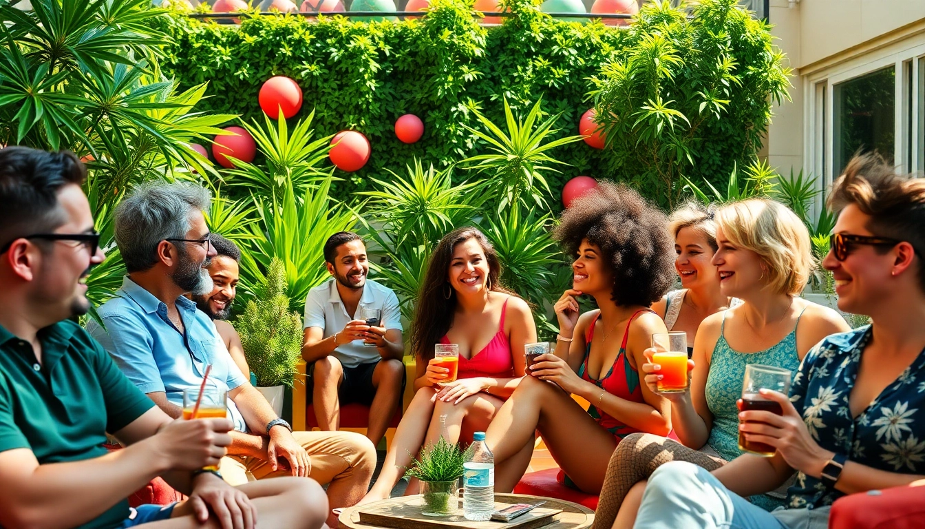 Guests enjoying the Lloret de Mar Cannabis Club in a warm, inviting outdoor setting filled with greenery.