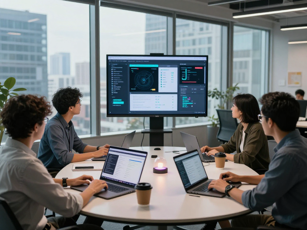 AI detector software team collaborating in a modern tech workspace.