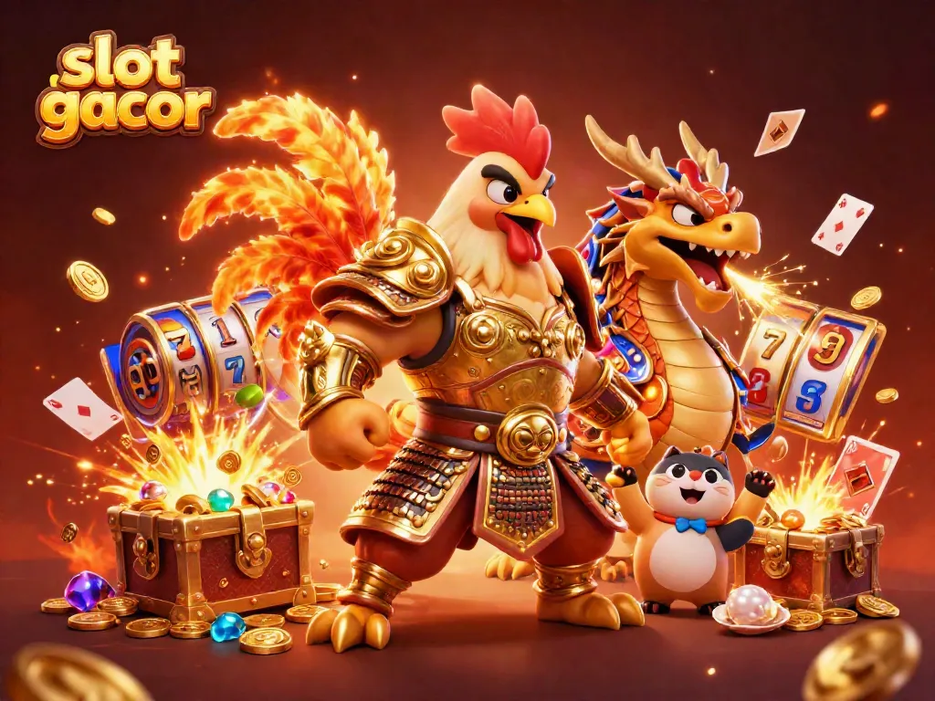 Slot gacor menghadirkan ilustrasi 3D dengan karakter berwarna-warni dan elemen permainan kasino yang kaya.