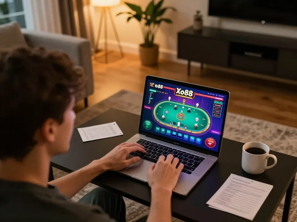 Person enjoying online gambling at Xo88, engaged in an exciting poker game on their laptop