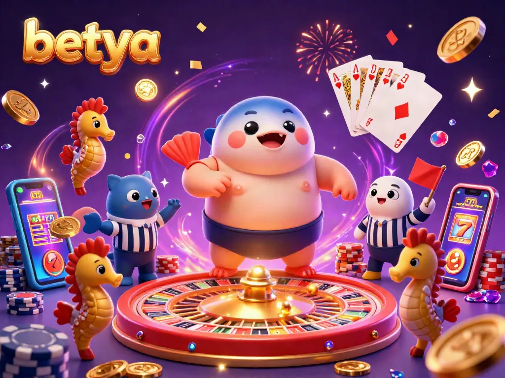 Betya's vibrant underwater casino scene features a blowfish sumo wrestler amidst festive gambling elements.
