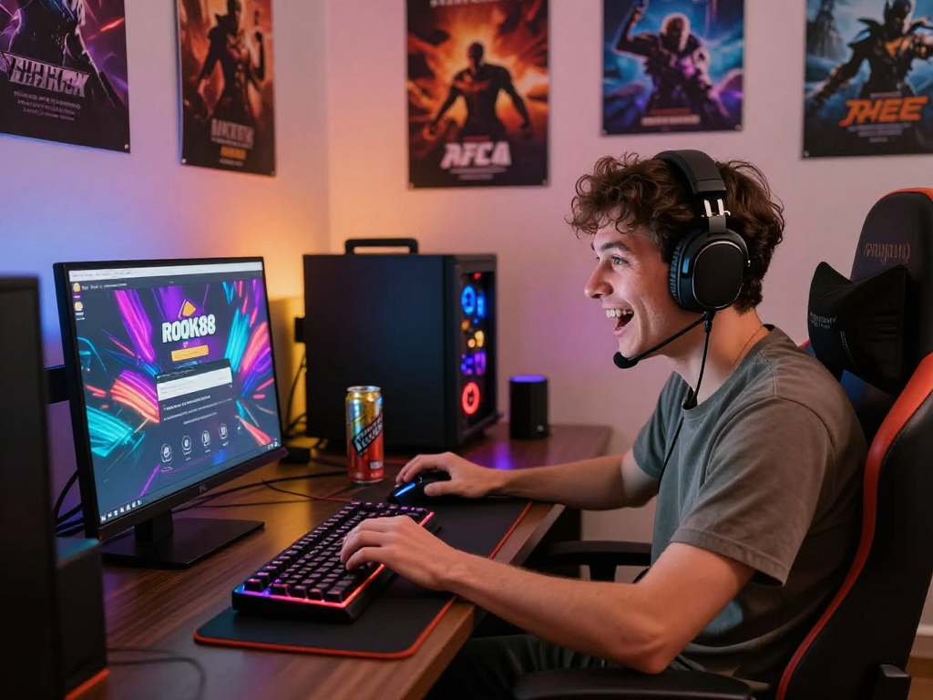 Engaged gamer using rokok88 login screen in a vibrant gaming setup.