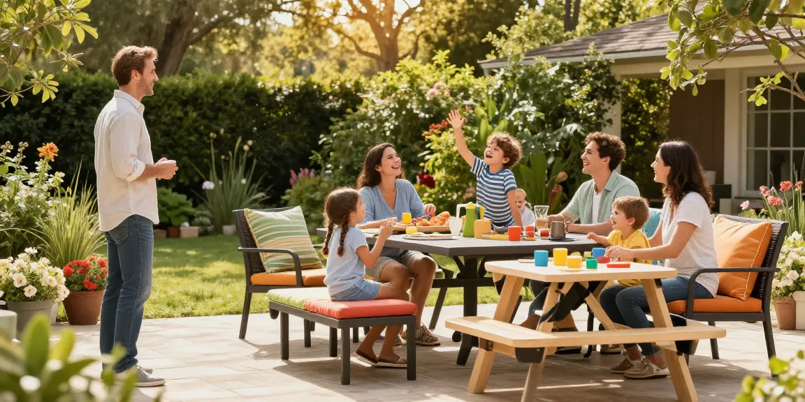 Durable outdoor furniture in a sunny garden setting with family enjoying a meal.