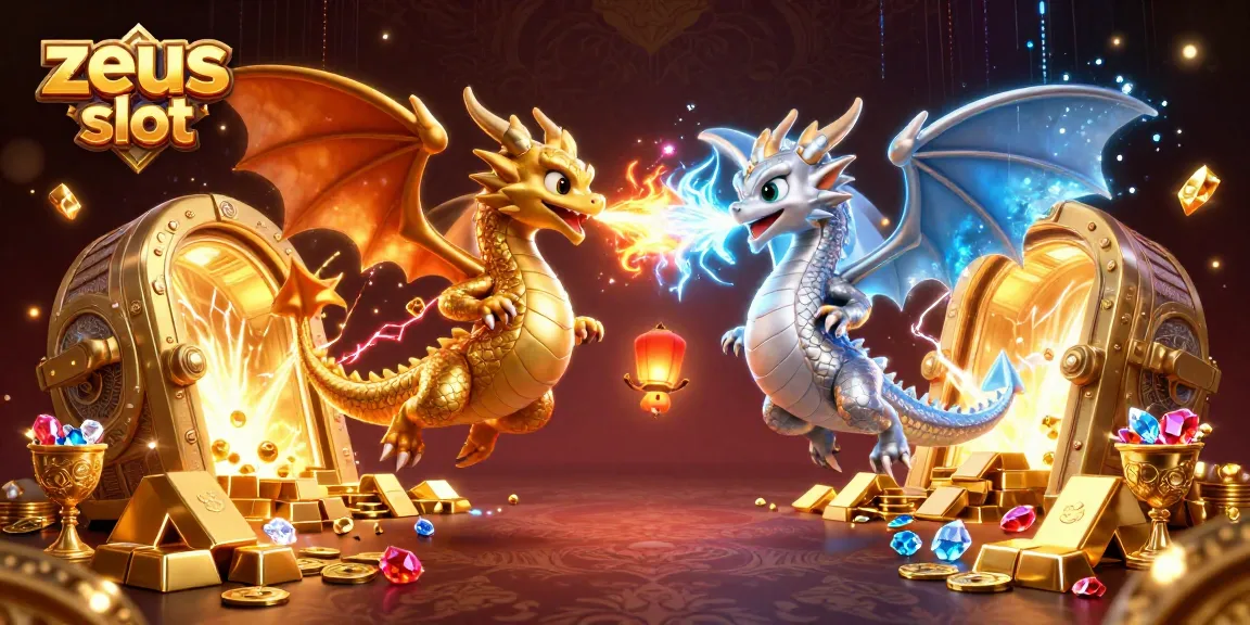 Experience the zeus slot excitement with twin dragons unleashing fire and ice amidst treasure.