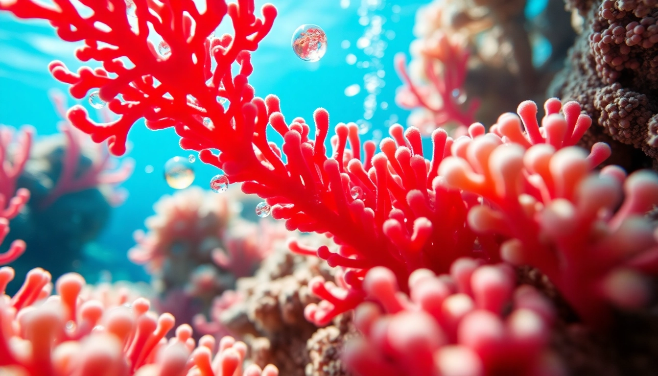 Showcasing astaxanthin explained with vivid red microalgae in an underwater ecosystem.