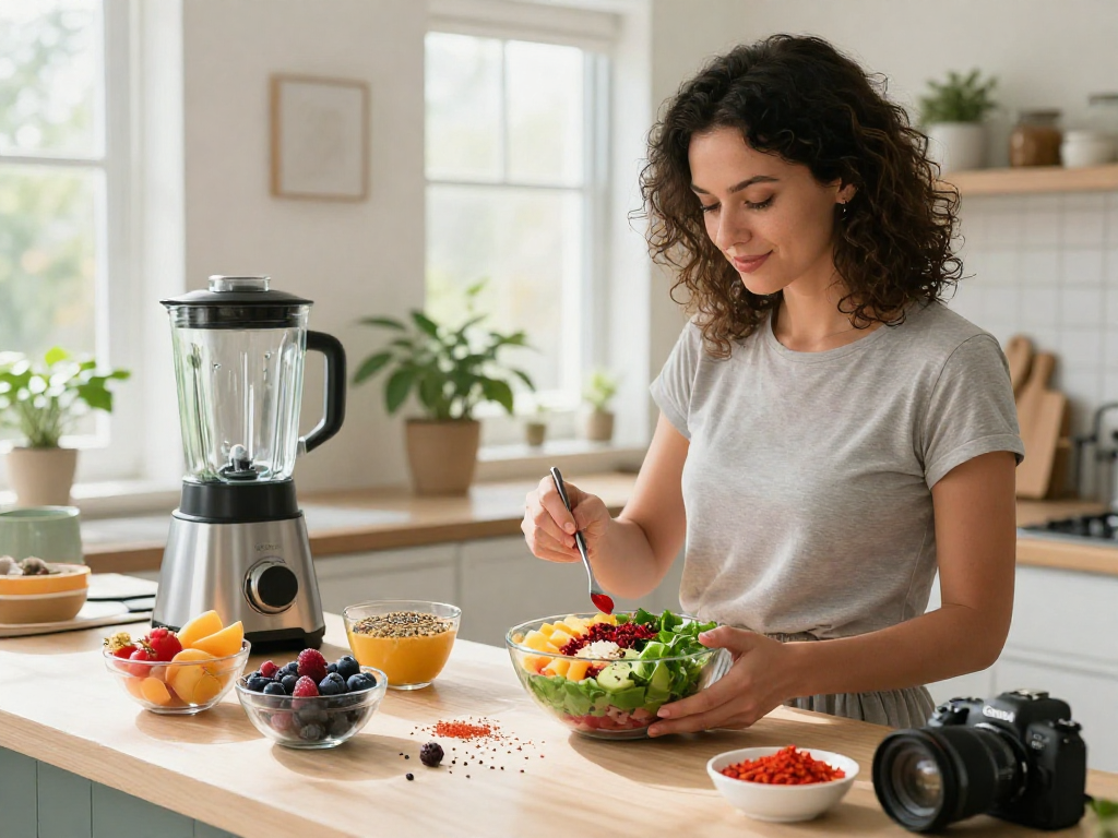 Healthy smoothie bowl preparation with astaxanthin ingredients displayed.