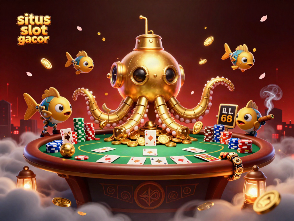Experience the excitement of situs slot gacor with a vibrant underwater scene featuring a golden kraken and dynamic poker elements
