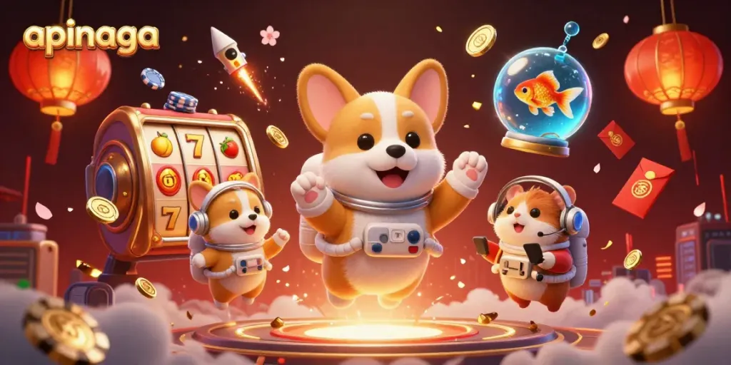 Explore winning strategies at apinaga with colorful slot reels, gold coins, and dynamic characters.