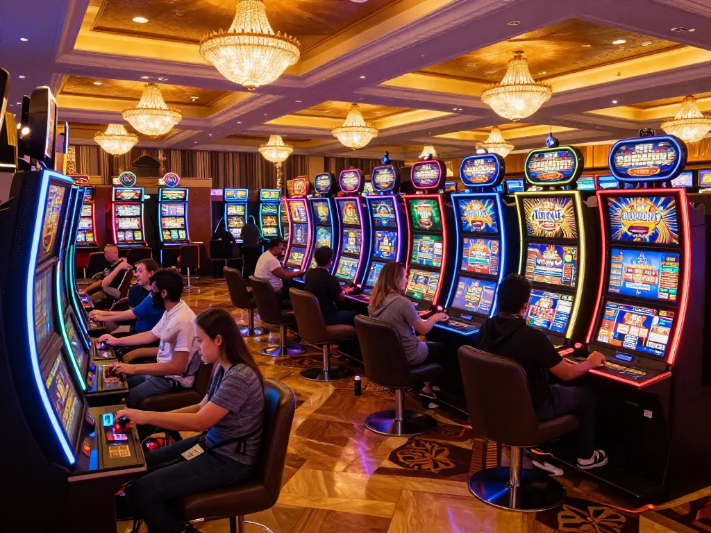 Các game thủ tận hưởng những máy slot thú vị tại sòng bạc luckywin với ánh đèn neon rực rỡ.