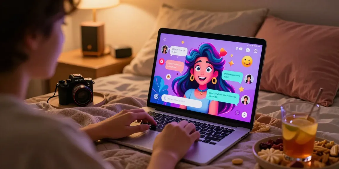 Engaging in nsfw ai chat with colorful AI character in a cozy bedroom environment.