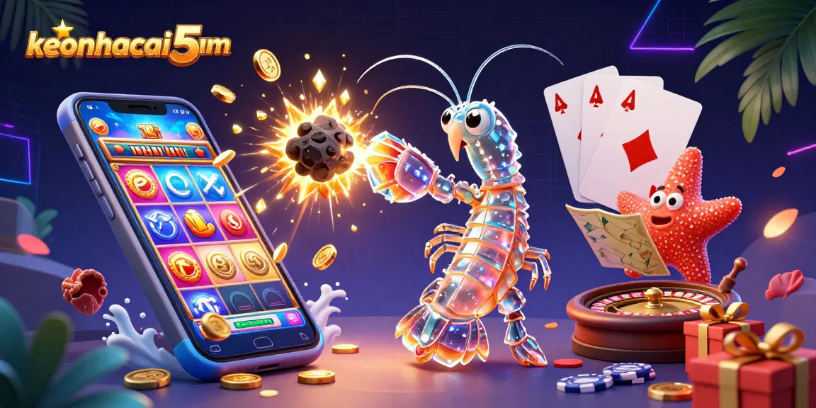 Experience the thrilling action of keonhacai5nam as the mantis shrimp punches through an asteroid, surrounded by vibrant casino elements, creating a visually stunning digital gambling scene.