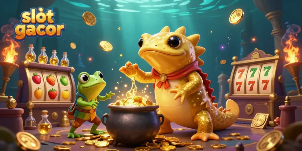 Experience the thrill of slot gacor with golden coins and vibrant characters in this casino illustration.