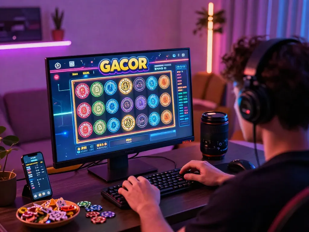 Player enjoying a slot gacor game at home with vibrant lights and snacks nearby, showcasing exciting online gaming atmosphere.