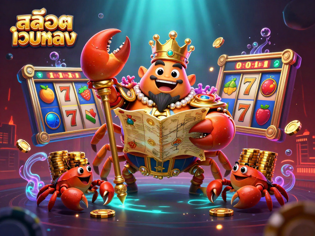 Experience the thrill of สล็อตเว็บตรง as the golden crab emperor holds treasures amidst vibrant slot reels.