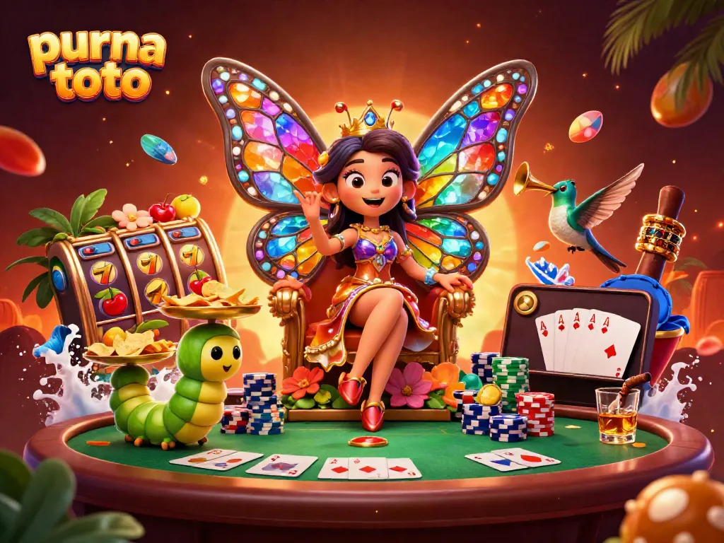Permainan gacor purna toto dengan ratu kupu-kupu dan simbol slot yang berwarna-warni.