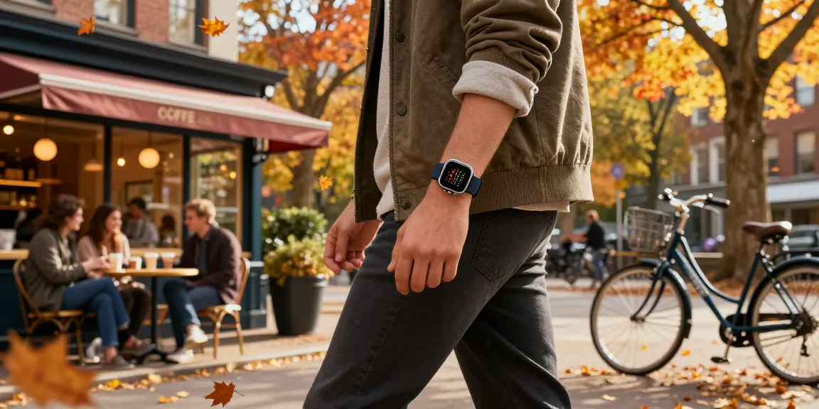 Individu stylish mengenakan Fitbit Luxe dari https://www.polarfitbitshop.com/fitbit-luxe/ berjalan di taman kota yang penuh warna di musim gugur.