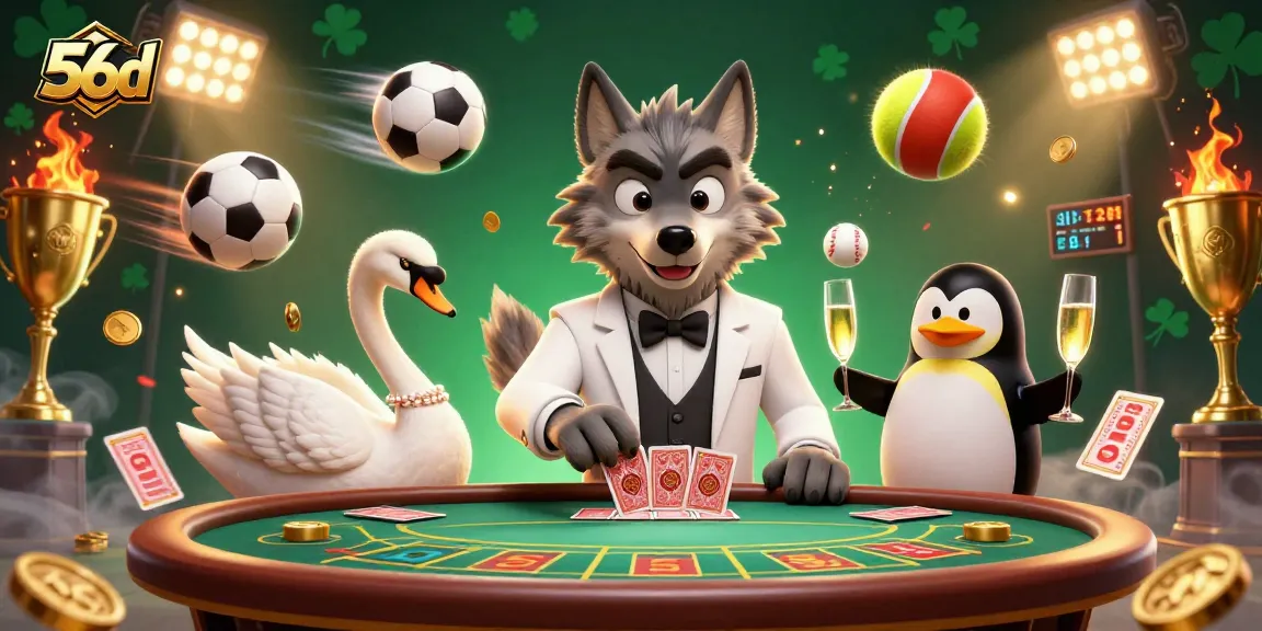 Bet on 56d as the debonair wolf celebrates winning hands at the baccarat table.