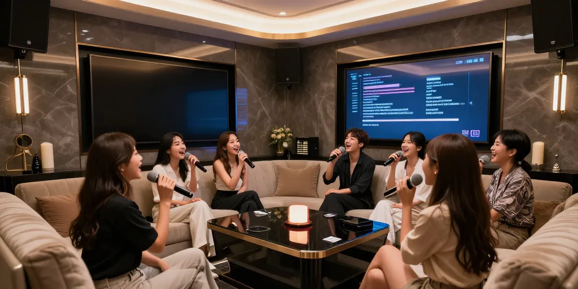 달토의 고급스러운 노래방 방에서 즐거운 친구들이 함께 노래를 부르고 있는 모습