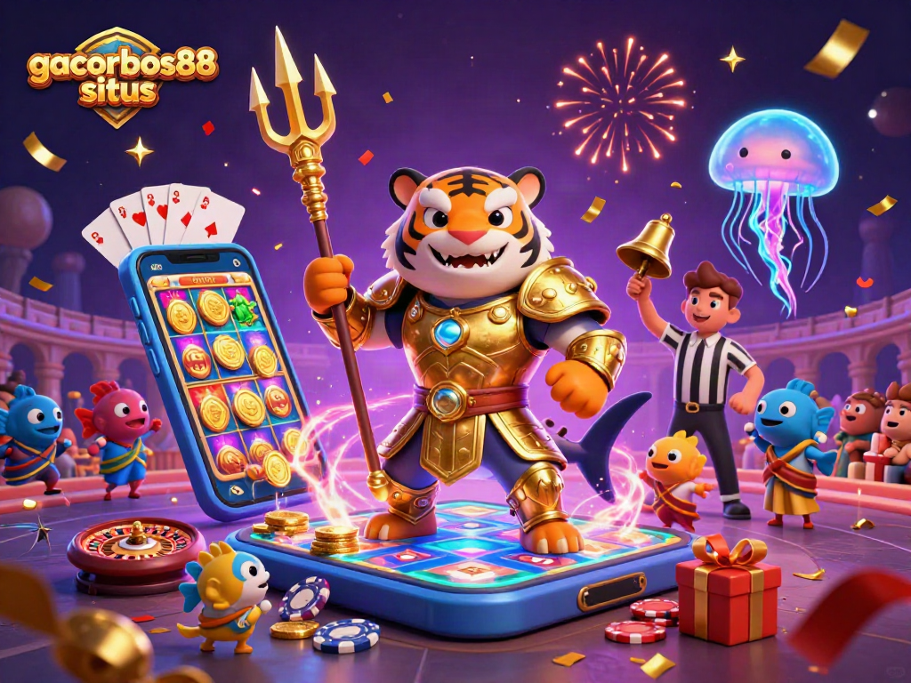 Experience the thrill of gacorbos88 situs with immersive 3D action featuring a golden gladiator shark.