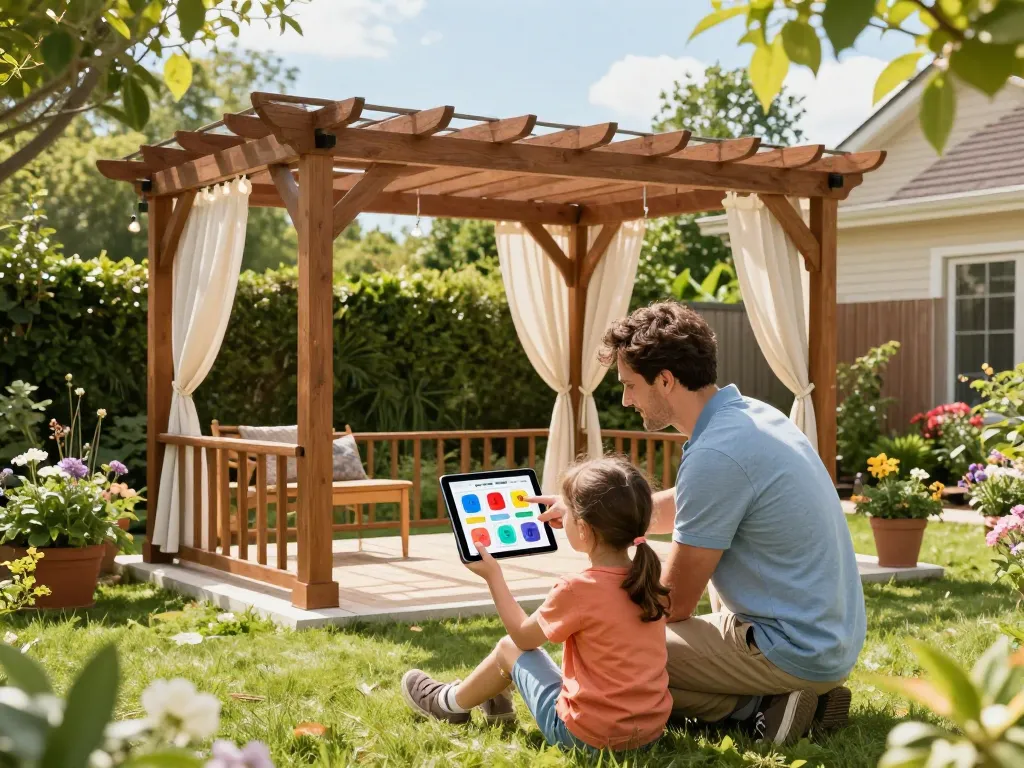 Interactive demonstration of Pergola Configurator Software with a family exploring design options in their garden.