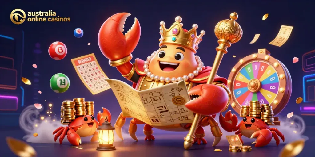 A playful scene depicting the vibrant world of australia online casinos with a golden crab emperor and colorful gaming elements.