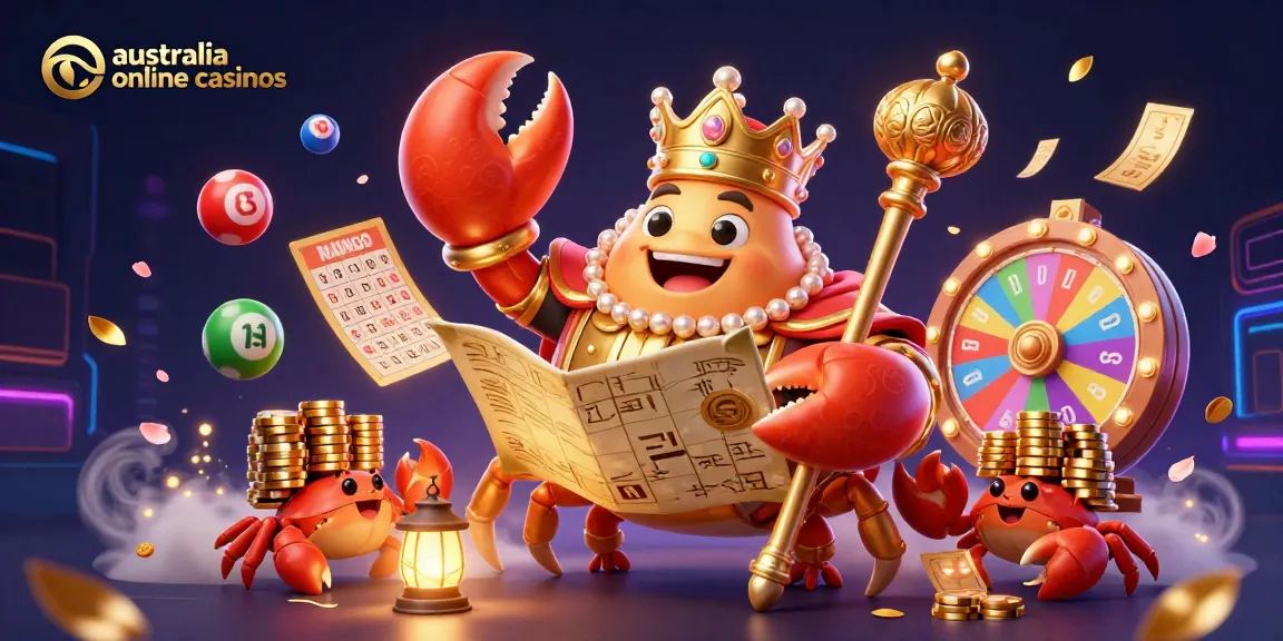 A playful scene depicting the vibrant world of australia online casinos with a golden crab emperor and colorful gaming elements.