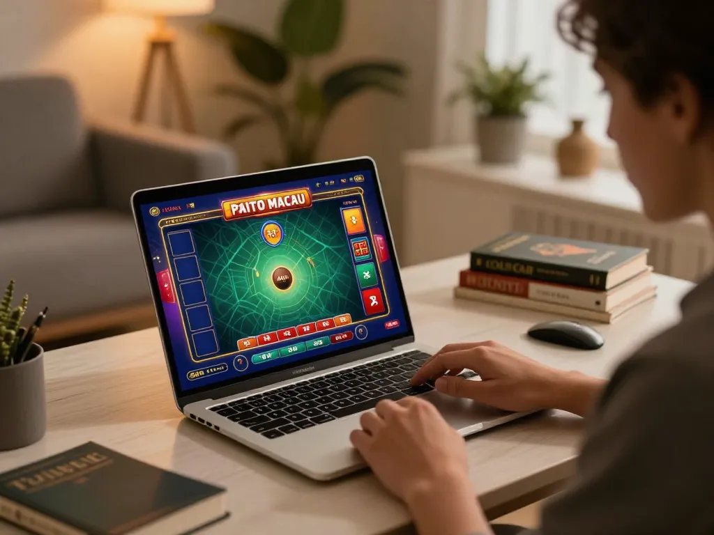 Paito macau gameplay interface displayed on a laptop during strategic online gambling session.