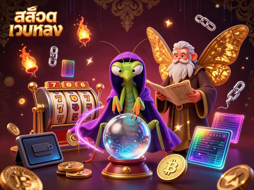 Engage with สล็อตเว็บตรง in a vibrant casino scene featuring a mystic fortune teller and ancient librarian.