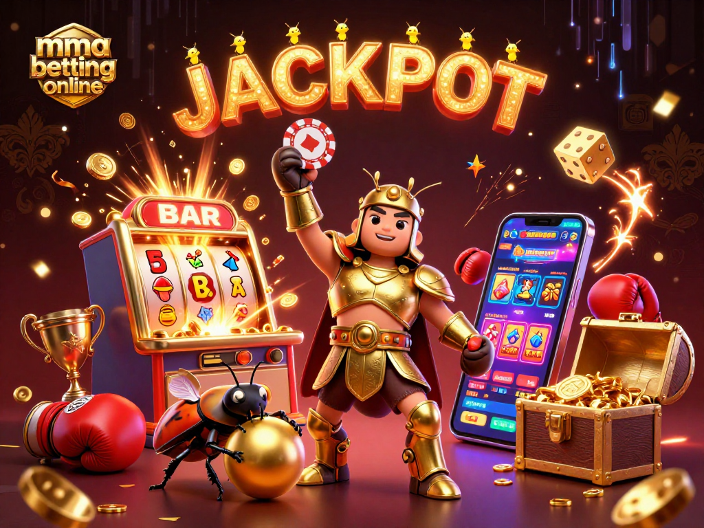Engage in mma betting online with a vibrant 3D illustration depicting a victory beetle and sports elements.