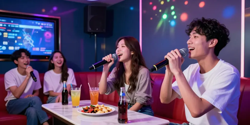 달토 가라오케에서 친구들과 함께 즐거운 시간을 보내는 장면