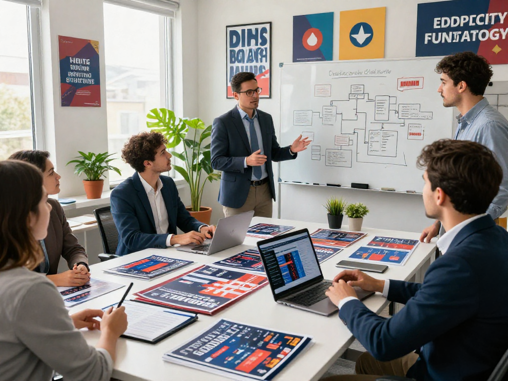 Political search advertising strategy session in a modern campaign office