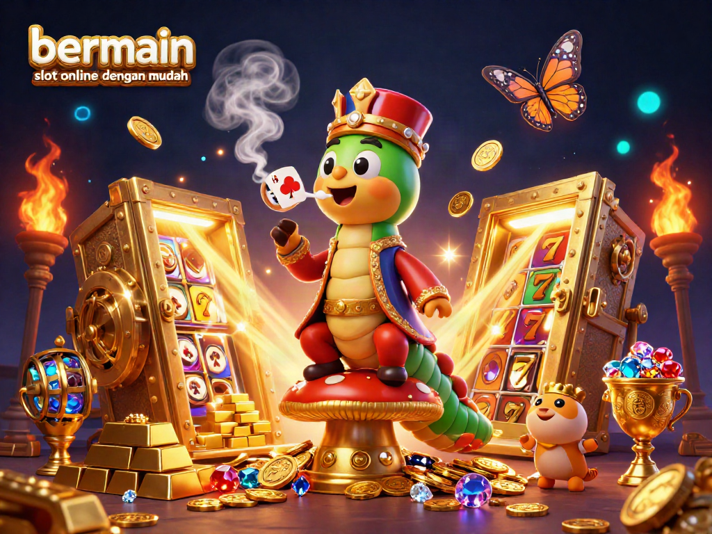 Grafik menarik bermain slot online dengan mudah, menampilkan karakter kartun dan elemen kasino.