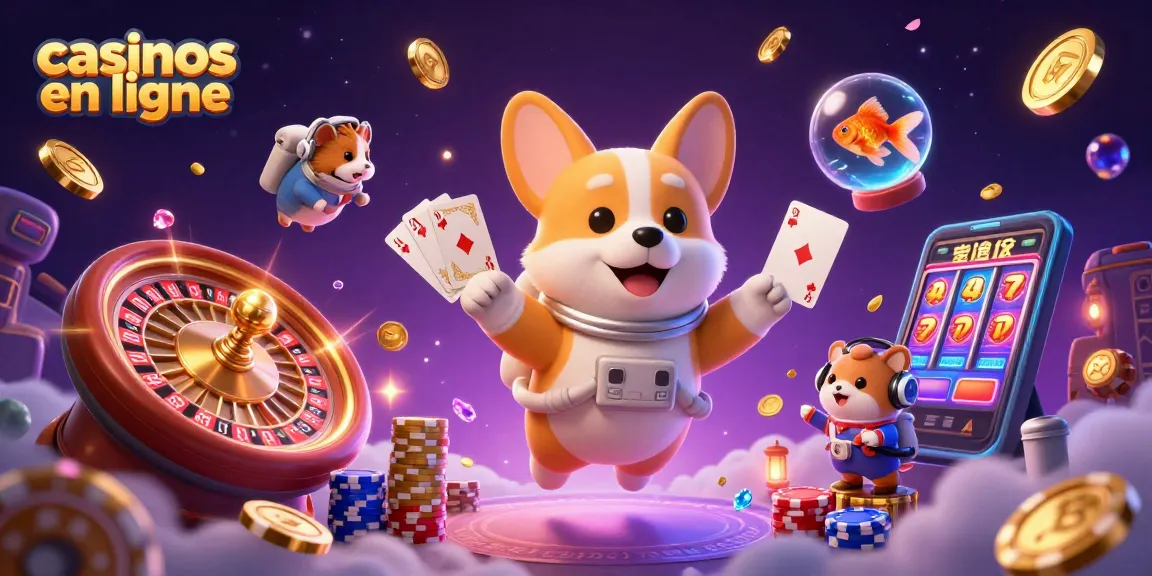 Jouez dans des casinos en ligne avec un corgi astronaute, des jetons et des pièces d'or flottants.