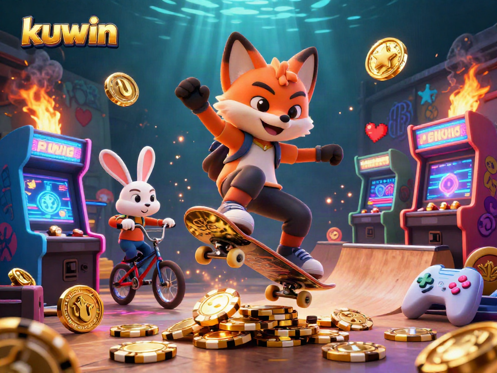 Kuwin gaming adventure with a skateboarder fox and BMX rabbit amidst vibrant casino-themed elements.