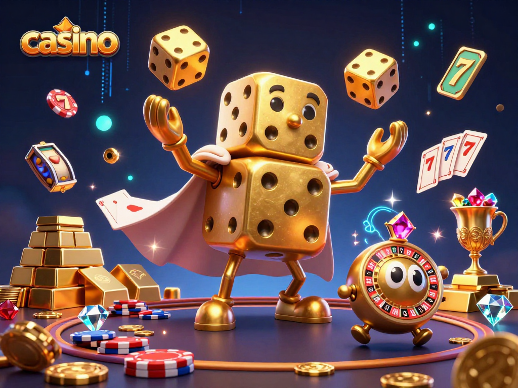 Casino characters juggling dice and poker chips in a vibrant, dynamic illustration full of excitement.