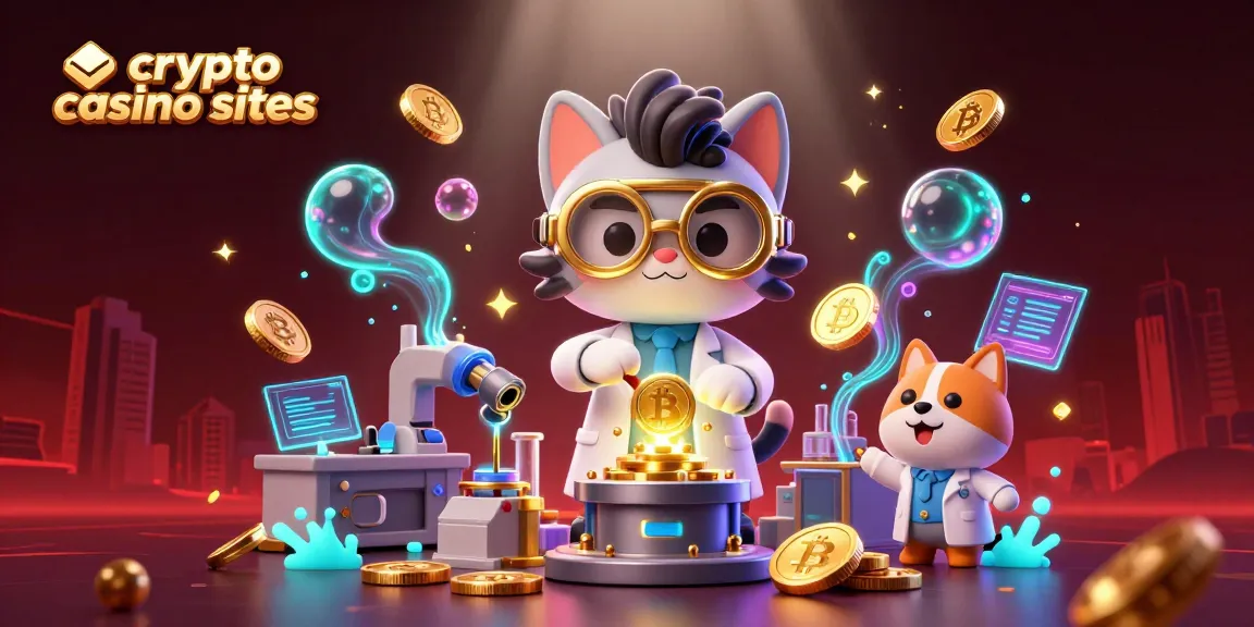 Gioca nei migliori crypto casino sites con un gatto scienziato in azione, mentre crea monete digitali.