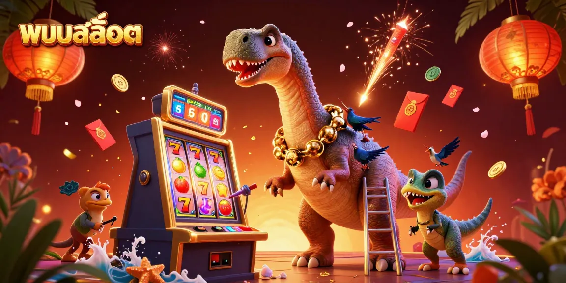 Engaging illustration of แบบสล็อต showcasing a brontosaurus interacting with a colorful slot machine amidst festive casino elements.