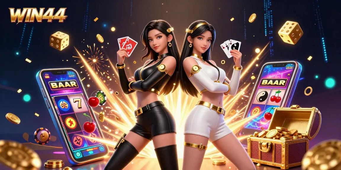 WIN444 features a powerful duo of Asian women with playing cards amidst vibrant casino elements.