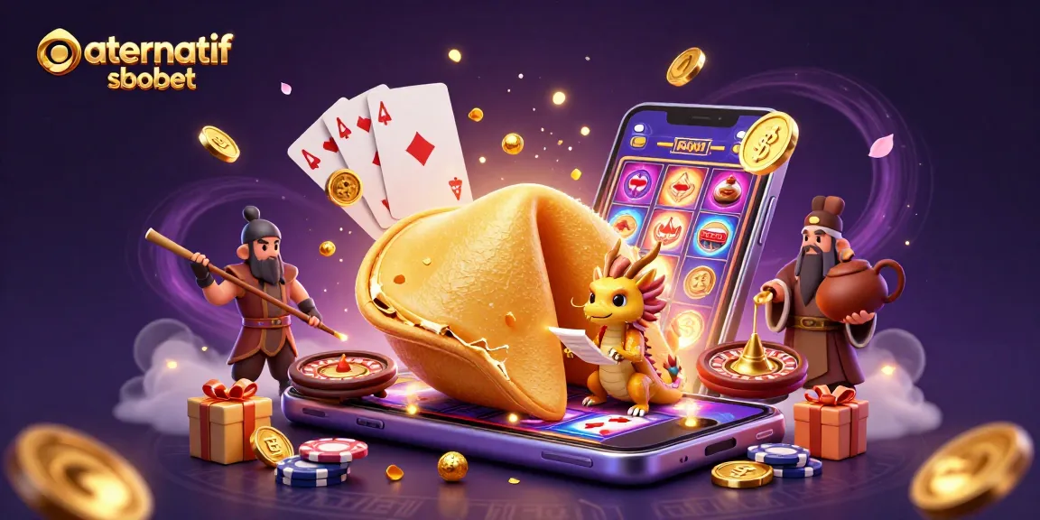 Play the alternatif sbobet featuring a giant golden fortune cookie and a wise dragon in a vibrant casino scene.