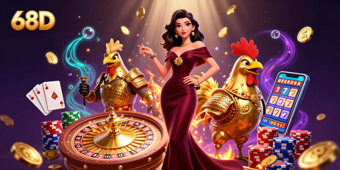 Cascade golden coins and a glamorous woman with a rooster warrior at the 68D casino